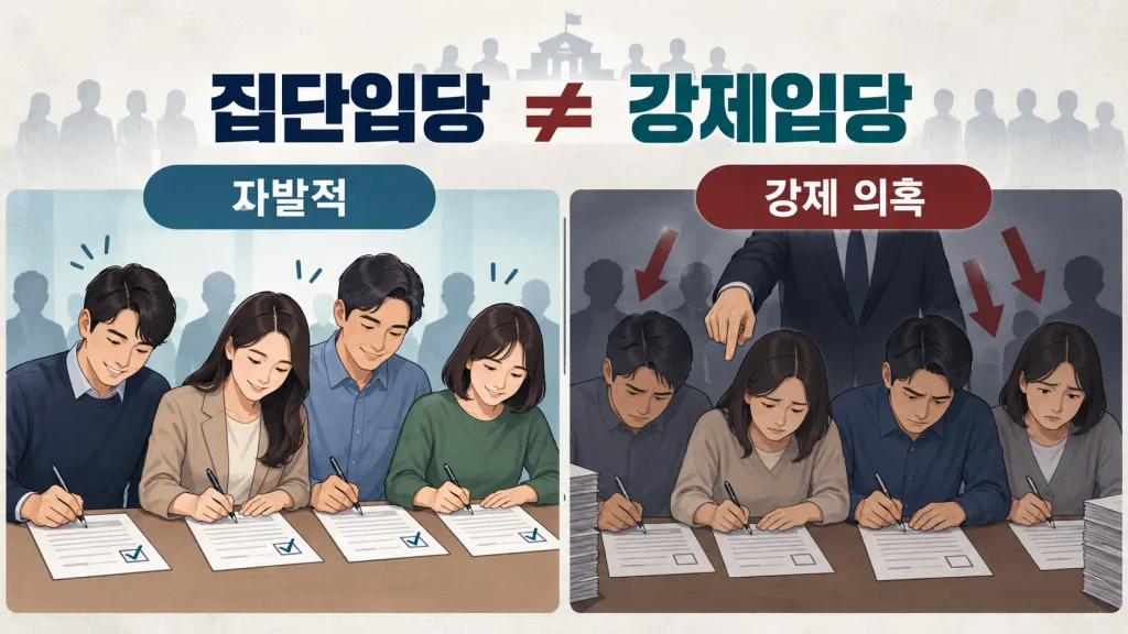 ‘집단입당’과 ‘강제입당’은 같은 말이 아니다