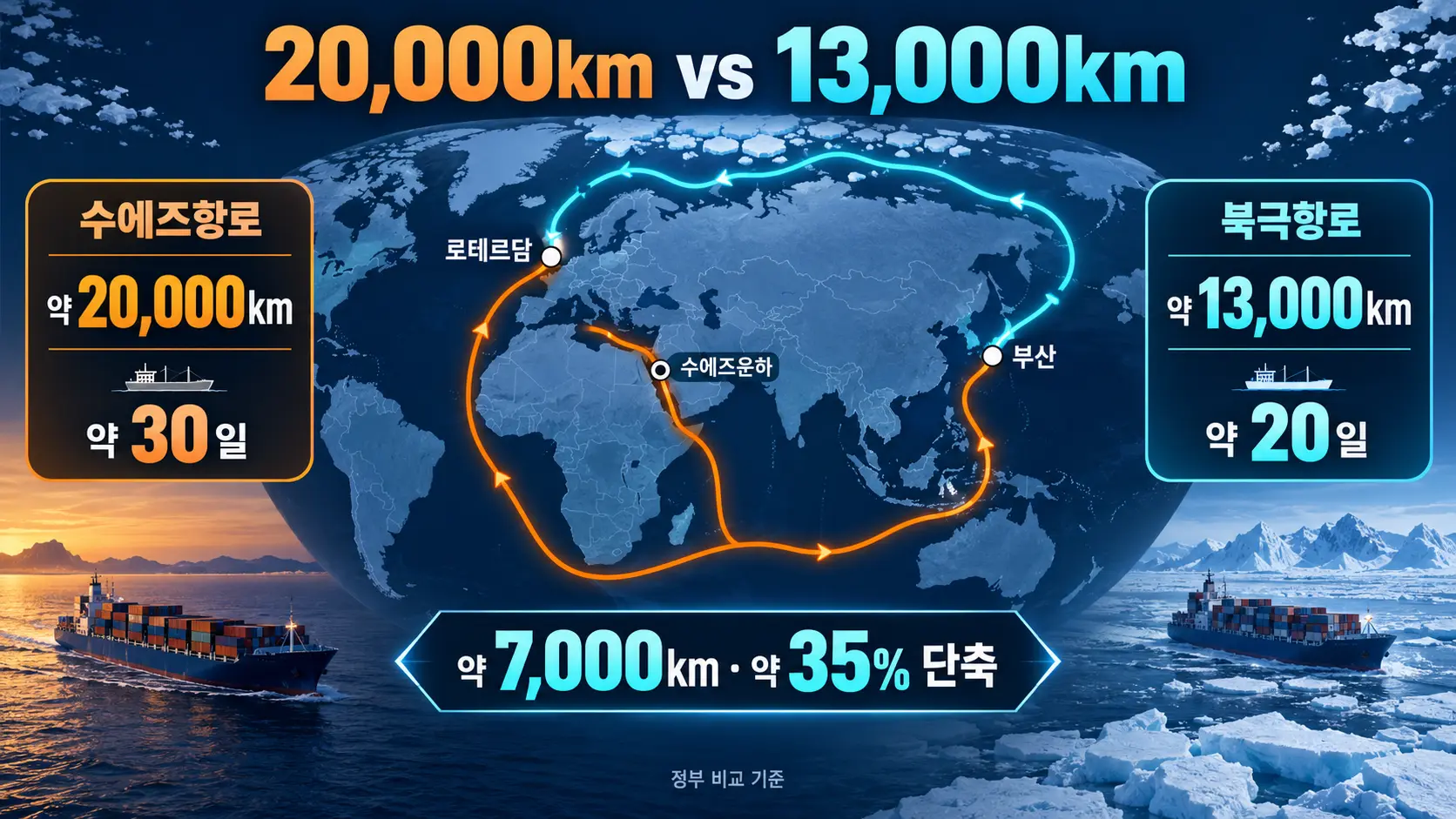 그런데 북극항로는 수에즈보다 얼마나 짧은 걸까?