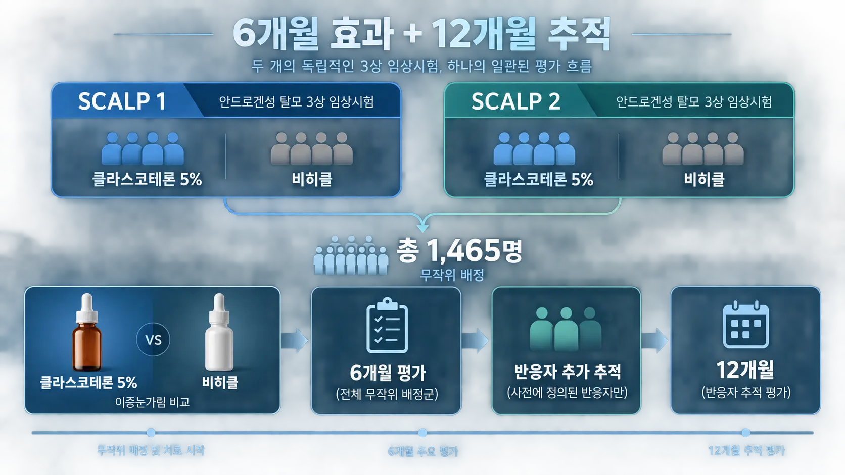 클라스코테론 SCALP 1과 SCALP 2 임상 3상의 6개월과 12개월 진행 구조를 정리한 타임라인