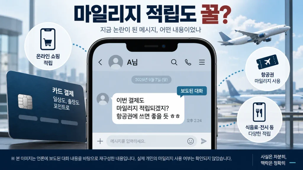 노조 간부 대화방의 마일리지 관련 발언과 카드결제 논란의 연결을 설명한 에디토리얼 일러스트