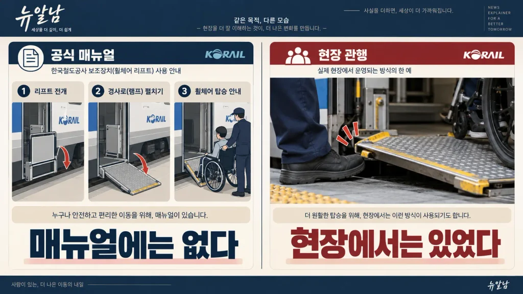 코레일 공식 매뉴얼과 실제 현장의 경사판 사용 방식을 비교한 인포그래픽
