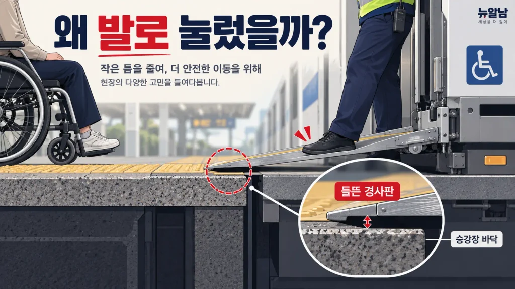 KTX 휠체어 경사판의 들뜸과 현장 직원의 발 고정 관행이 생긴 이유를 설명한 그림