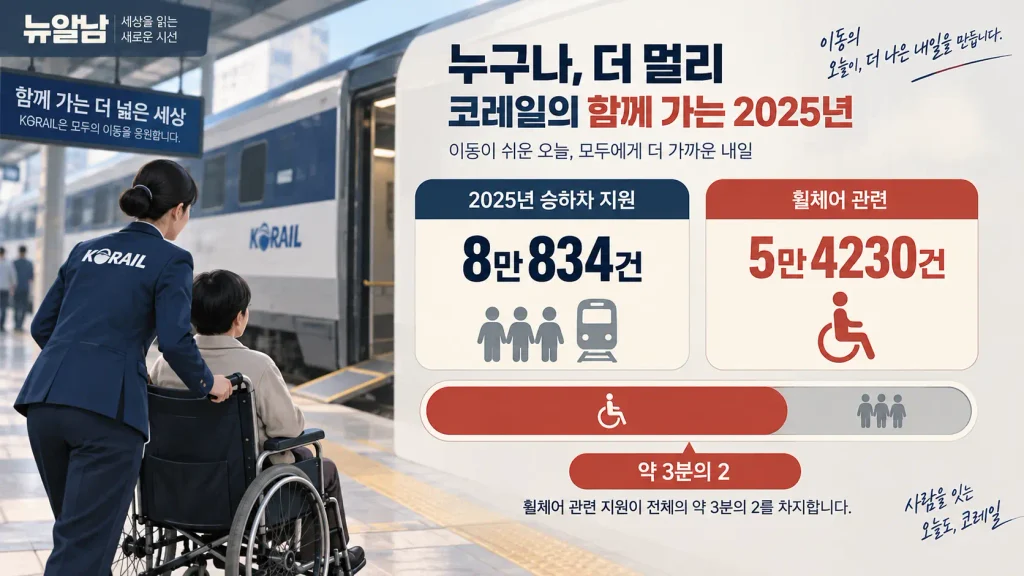 코레일 장애인 승하차 지원 건수와 휠체어 지원 비중을 보여주는 인포그래픽