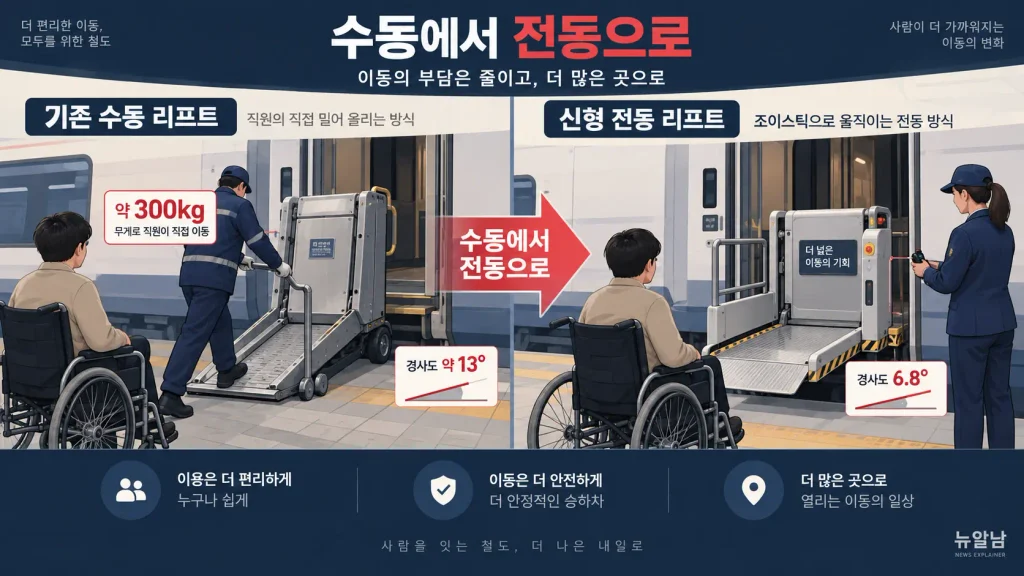 기존 수동 휠체어 리프트와 코레일의 신형 전동화 휠체어 리프트 차이를 설명한 이미지