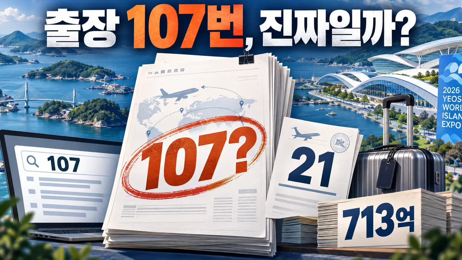 여수세계섬박람회 예산과 공무원 해외출장 보고서 논란을 표현한 에디토리얼 일러스트