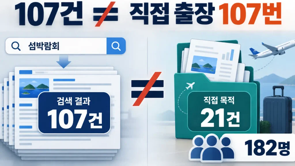 여수 공무원 국외출장 검색 결과 107건과 섬박람회 직접 목적 출장 21건의 차이를 설명한 그림