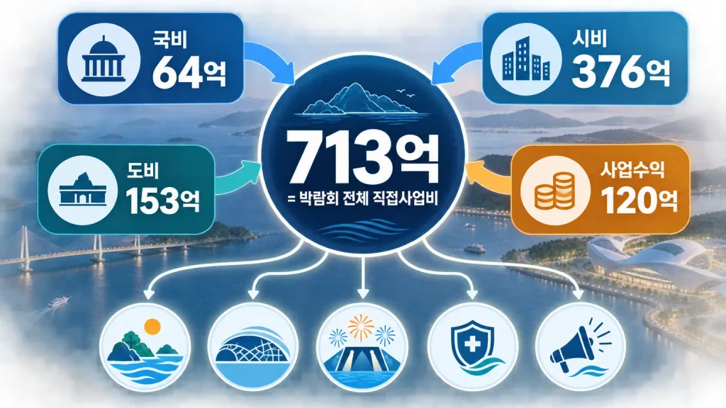 2026 여수세계섬박람회 직접사업비 713억원의 재원과 주요 사업을 정리한 인포그래픽