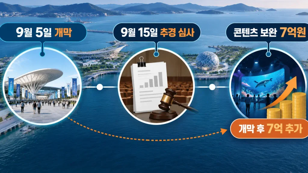 여수세계섬박람회 개막 이후 추가된 7억원 추경 논란을 설명한 타임라인