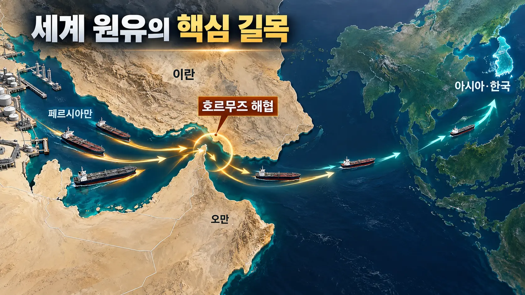 호르무즈 해협의 원유 수송과 한국을 포함한 아시아 시장의 연결을 보여주는 지도형 그림