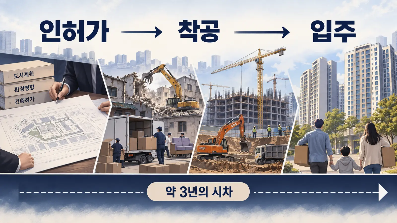 서울 주택 공급이 인허가에서 착공과 준공 입주로 이어지는 과정을 설명한 흐름도