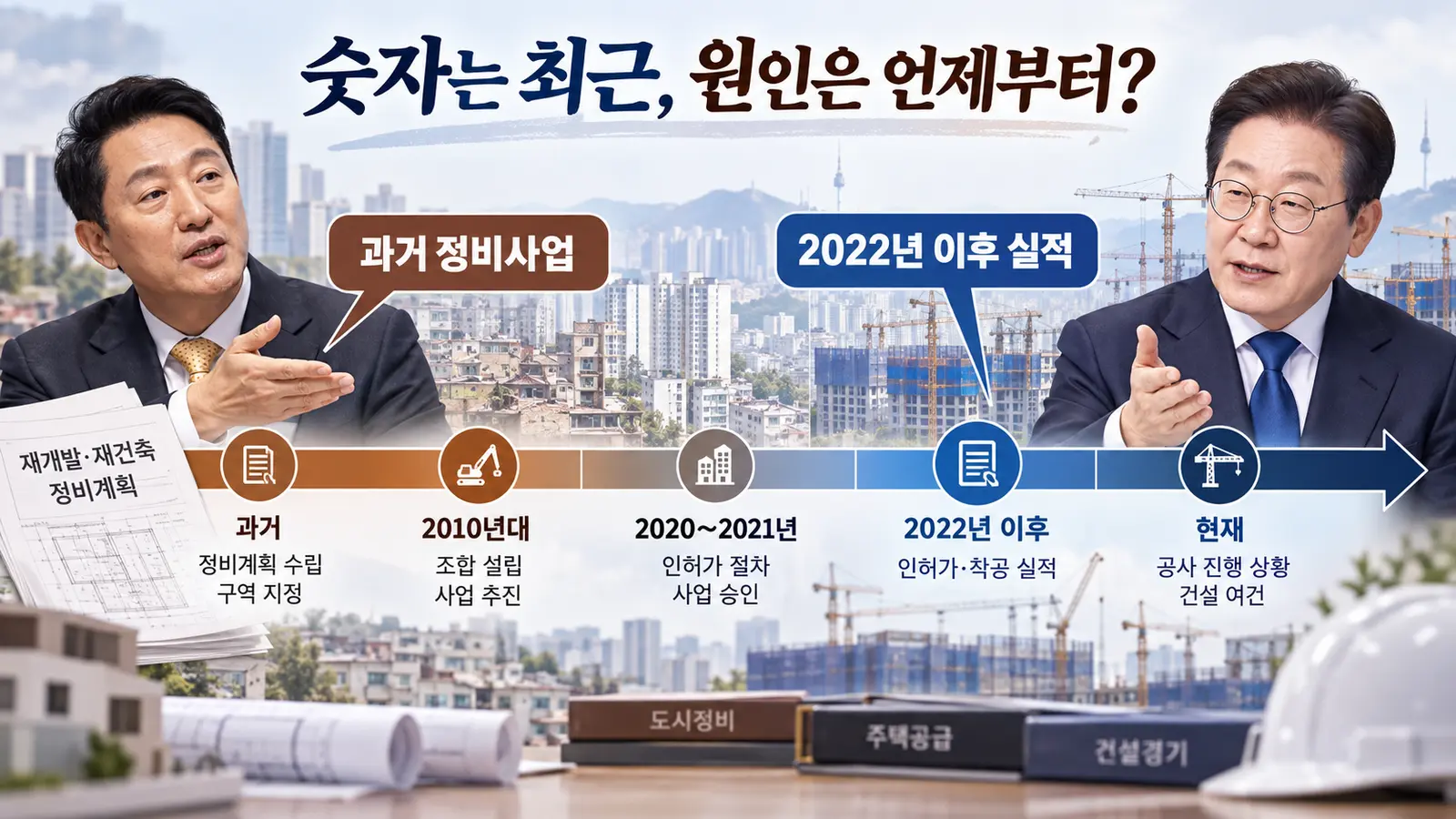 이재명 대통령과 오세훈 서울시장이 서울 주택 공급 감소를 서로 다른 시간축에서 설명하는 비교 이미지