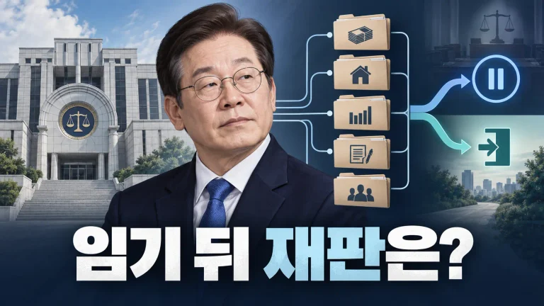 이재명 대통령의 중단된 5개 형사재판과 공소취소 논란을 법원과 사건 서류로 표현한 일러스트