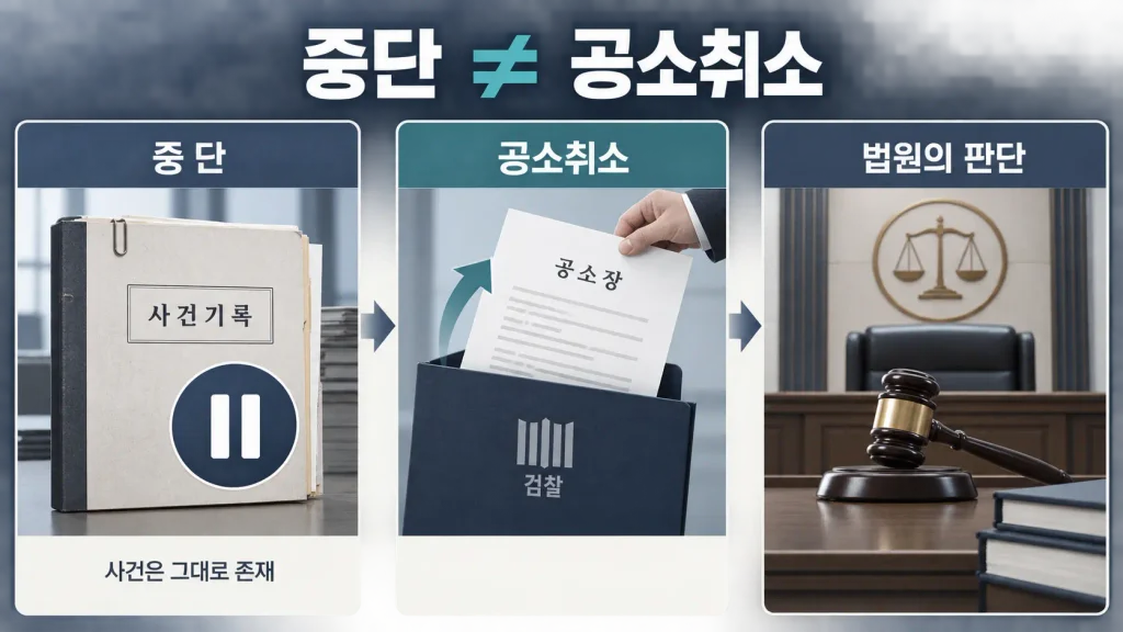 재판 중단과 공소취소와 법원 판결의 차이를 세 갈래로 비교한 법률 인포그래픽