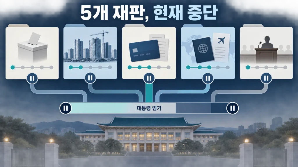 이재명 대통령의 공직선거법 대장동 법인카드 대북송금 위증교사 5개 재판의 중단 상태를 정리한 그림