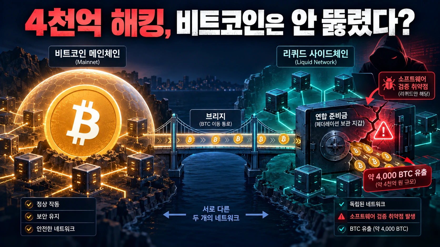 리퀴드 네트워크에서 담보 없는 L-BTC가 실제 비트코인으로 빠져나간 해킹 사건을 표현한 일러스트