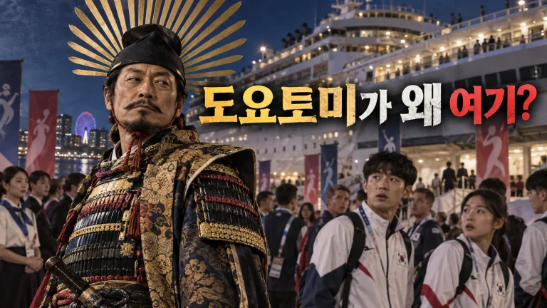 2026 아이치 나고야 아시안게임 환영 행사에서 도요토미 히데요시 등장 논란을 표현한 일러스트