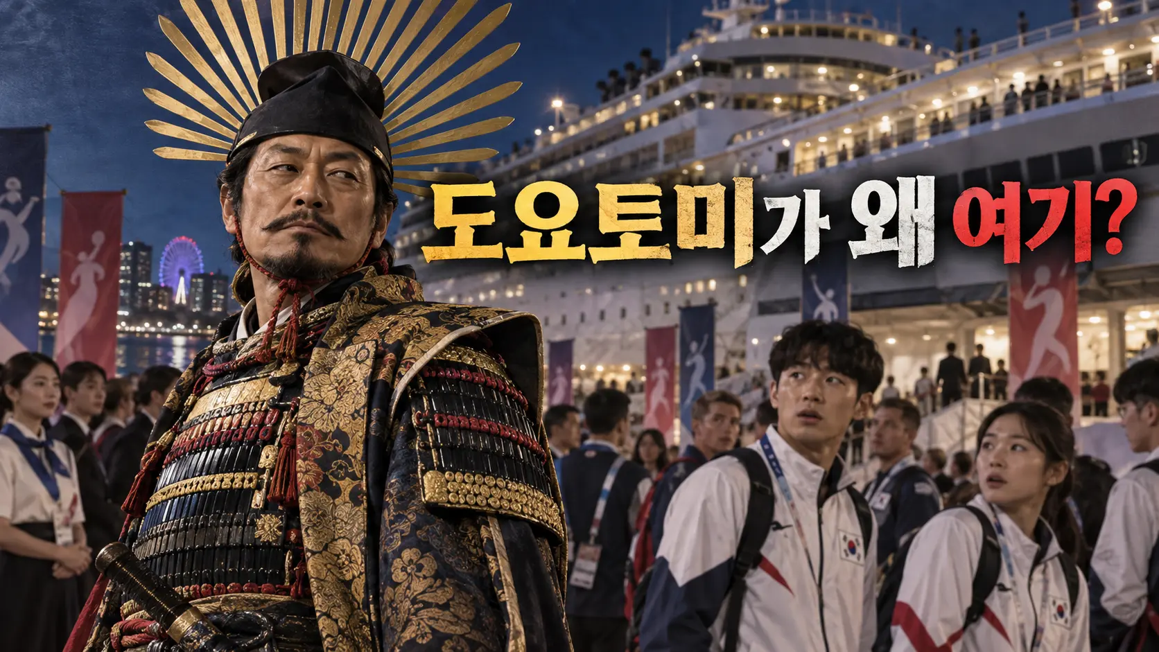 2026 아이치 나고야 아시안게임 환영 행사에서 도요토미 히데요시 등장 논란을 표현한 일러스트