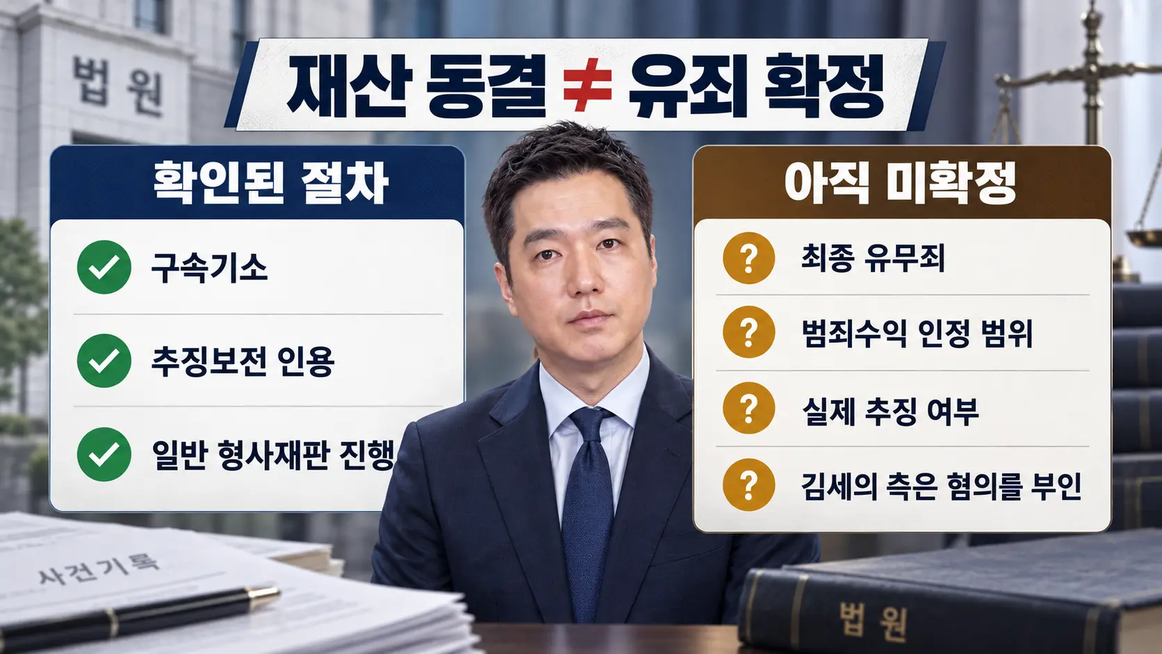 김세의 사건에서 확정된 절차와 아직 재판에서 다툴 내용을 구분한 인포그래픽