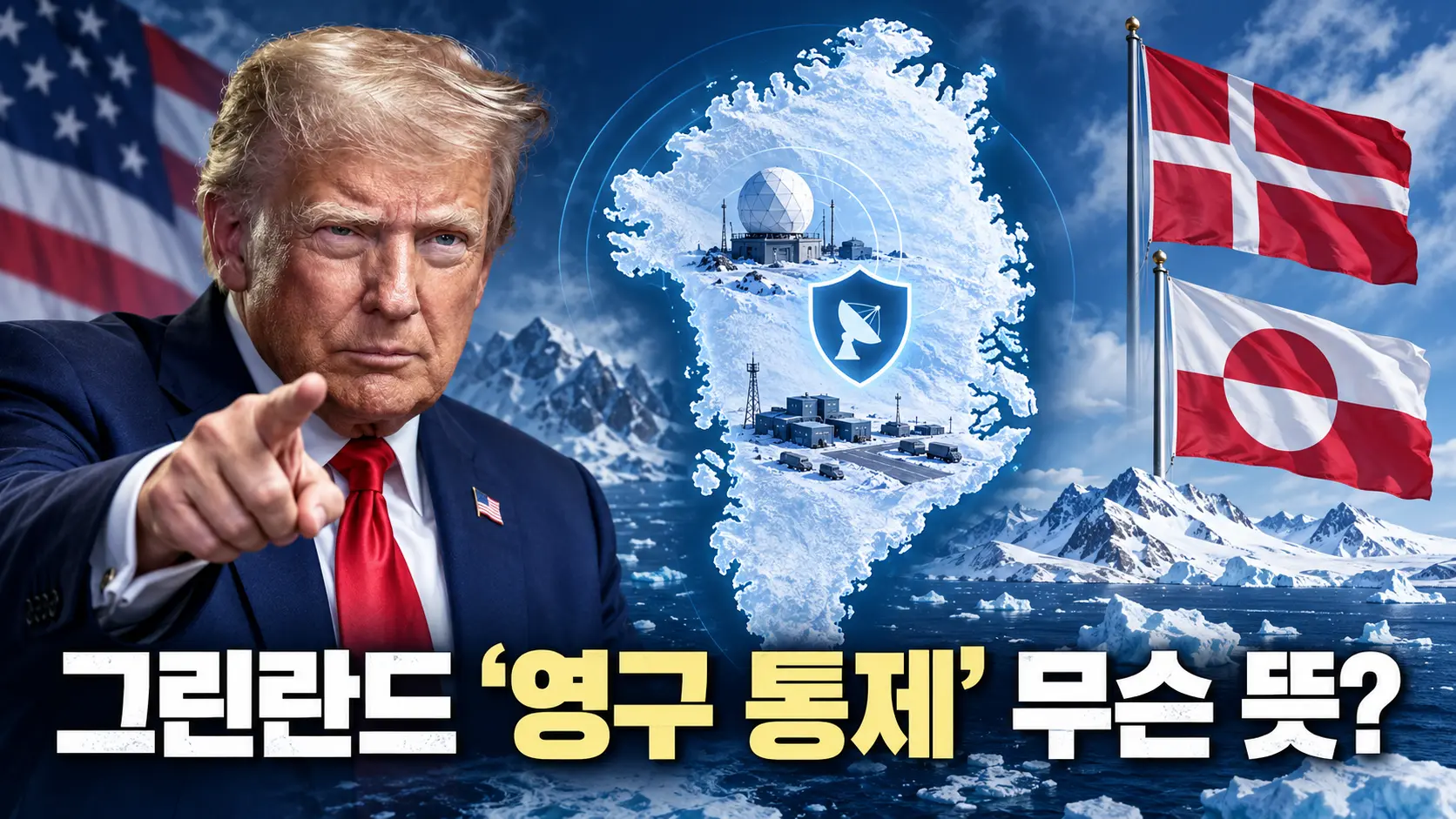 트럼프 대통령과 그린란드 지도를 통해 미국의 영구 안보 통제권 주장을 설명한 일러스트