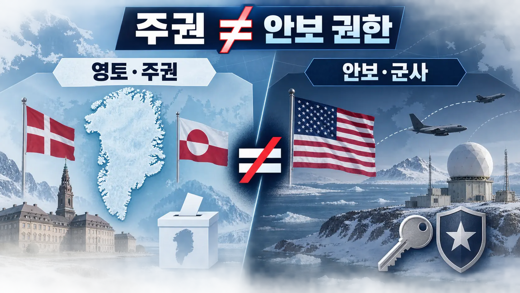 그린란드 주권과 미국의 군사·안보 권한 차이를 비교한 인포그래픽