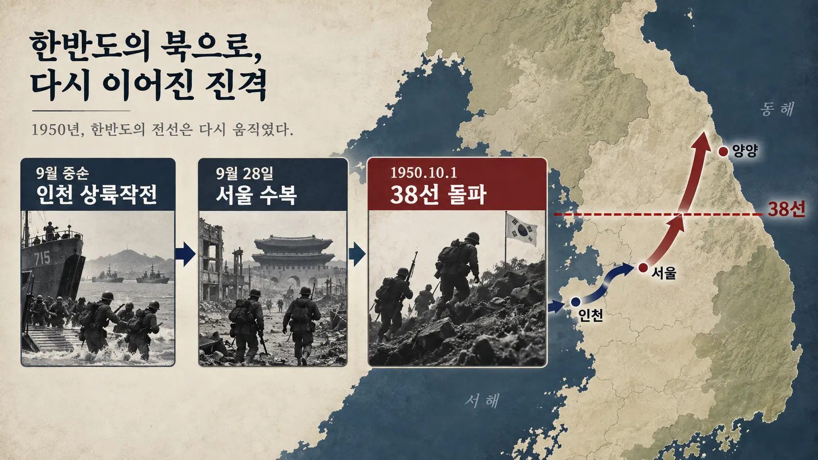 1950년 10월 1일 국군의 38선 돌파를 설명하는 역사 타임라인