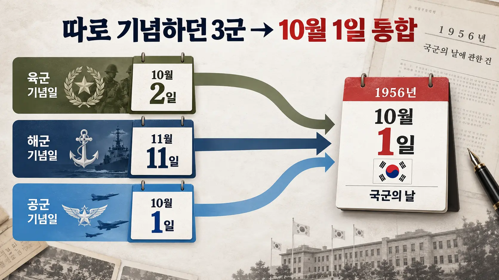 육군 해군 공군의 서로 다른 기념일이 10월 1일 국군의 날로 통합되는 과정을 설명한 그림