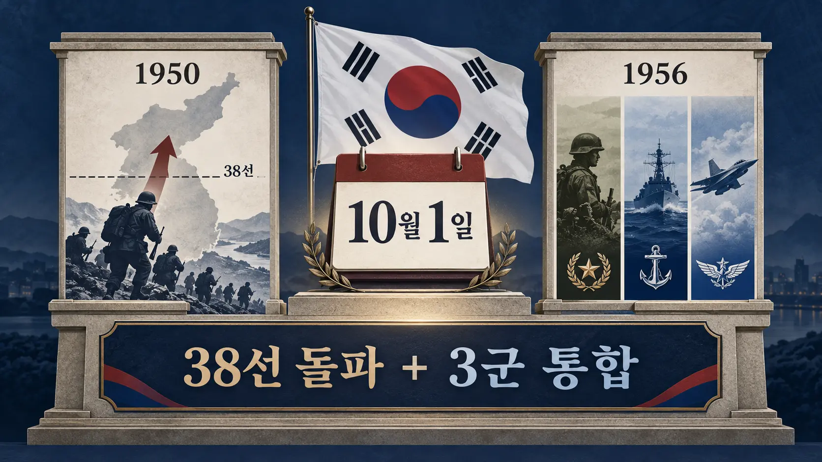 국군의 날 10월 1일에 담긴 38선 돌파와 3군 통합의 두 의미를 비교한 인포그래픽