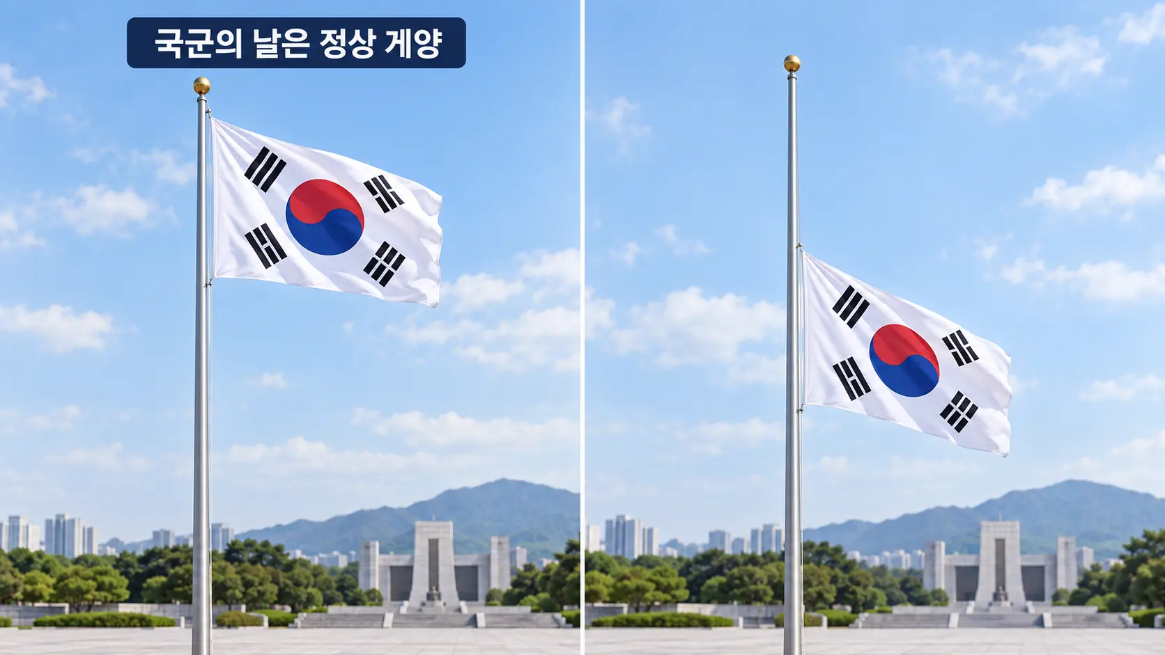 국군의 날과 현충일의 태극기 게양 방법 차이를 설명한 인포그래픽