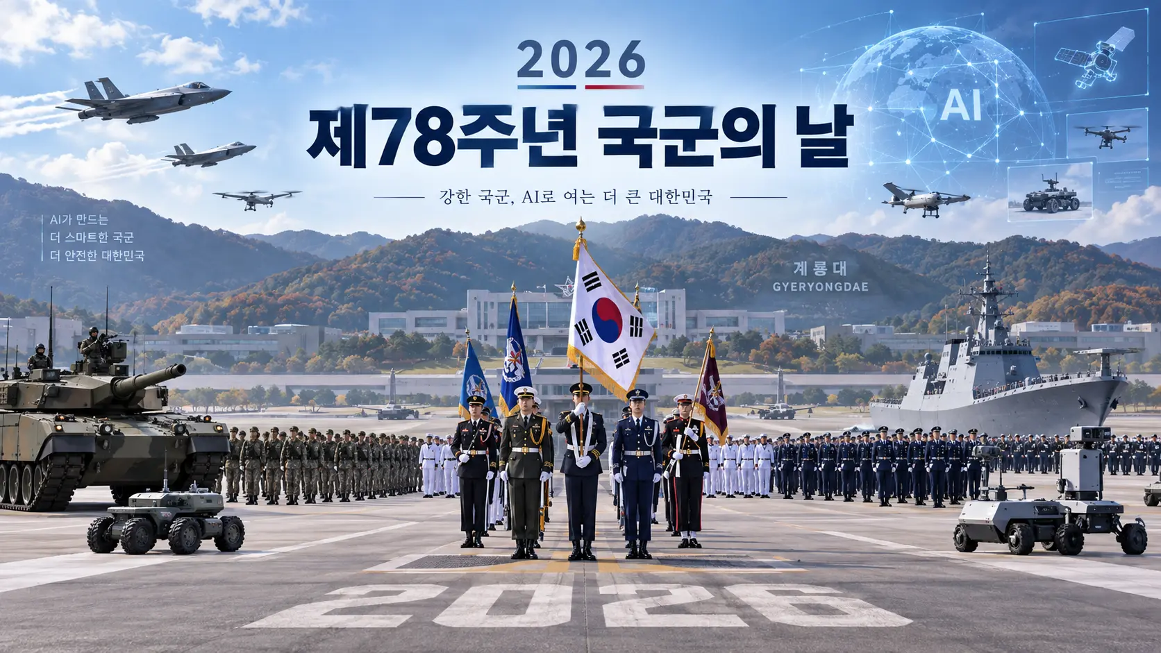 2026년 제78주년 국군의 날 계룡대 행사와 첨단과학기술군 비전을 표현한 일러스트