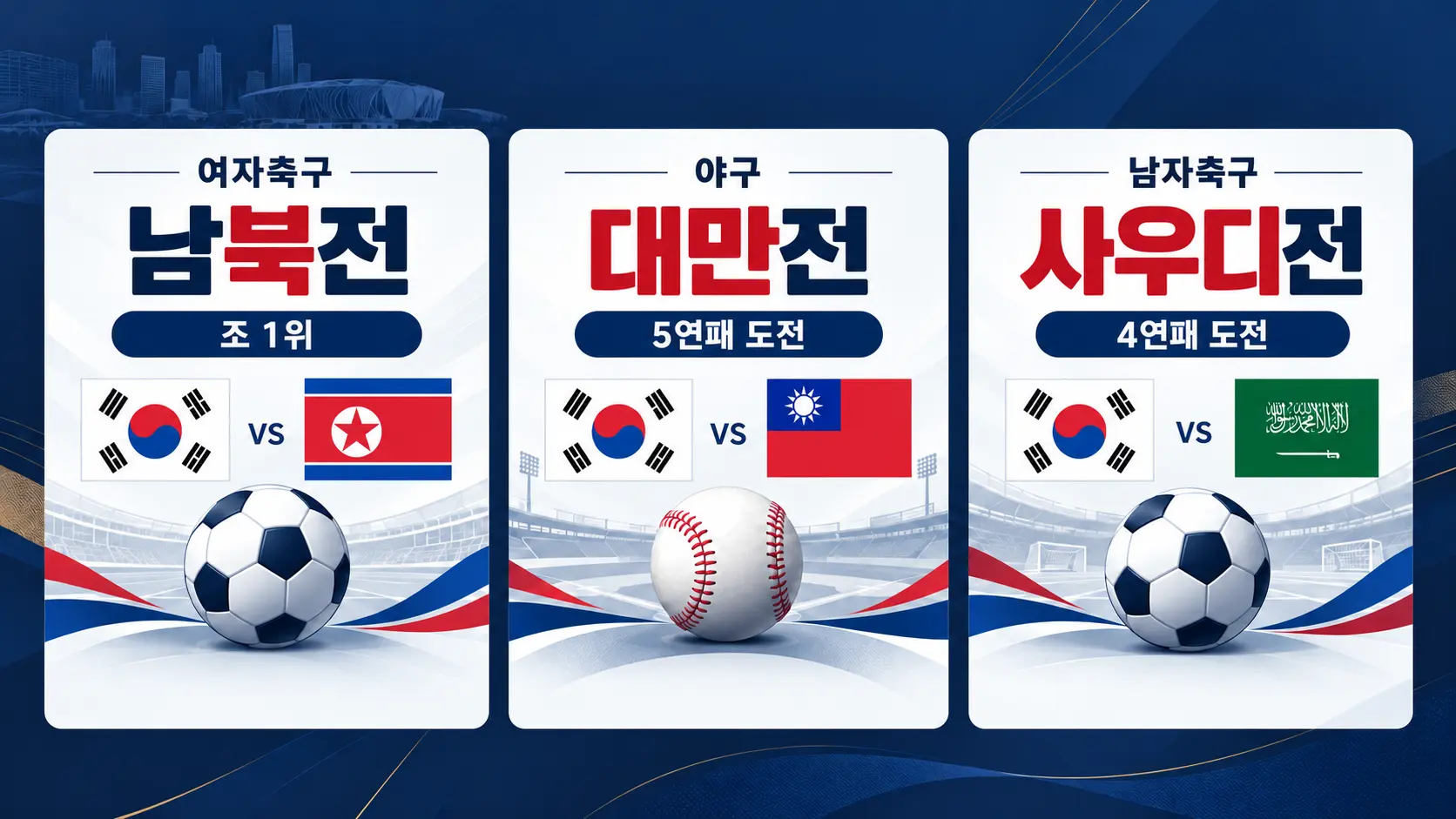 여자축구 남북전과 야구 대만전 남자축구 사우디전을 비교한 2026 아시안게임 국가대표 경기 인포그래픽