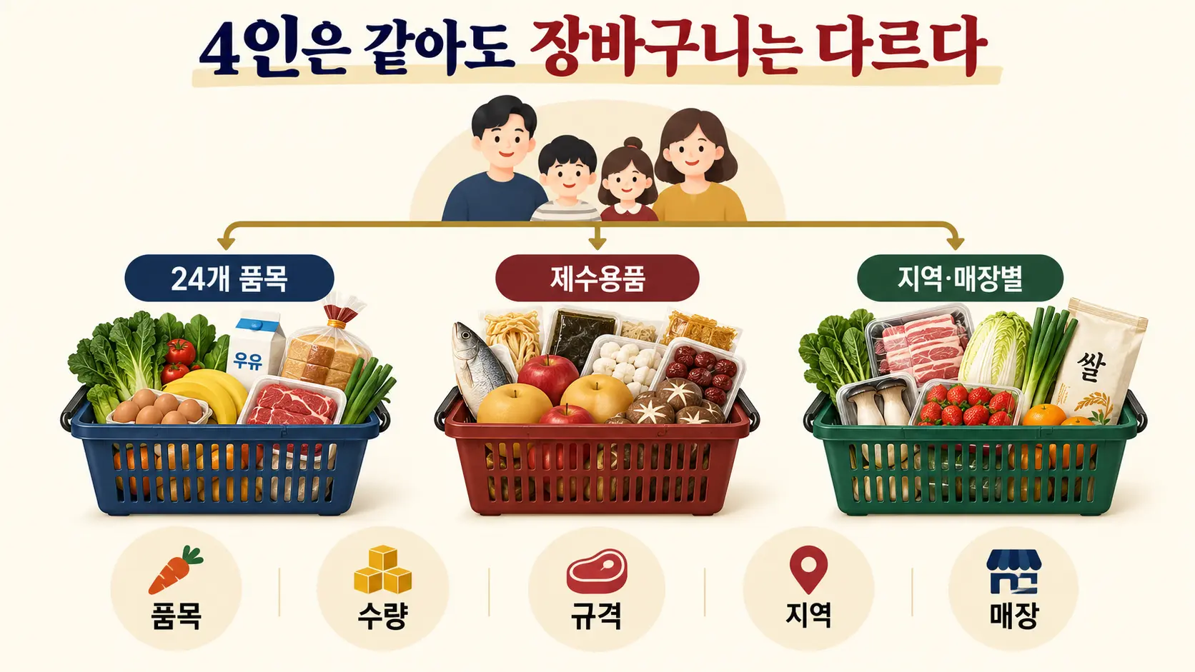 추석 차례상 조사마다 품목 수와 규격, 지역, 판매처가 달라지는 구조를 설명한 그림