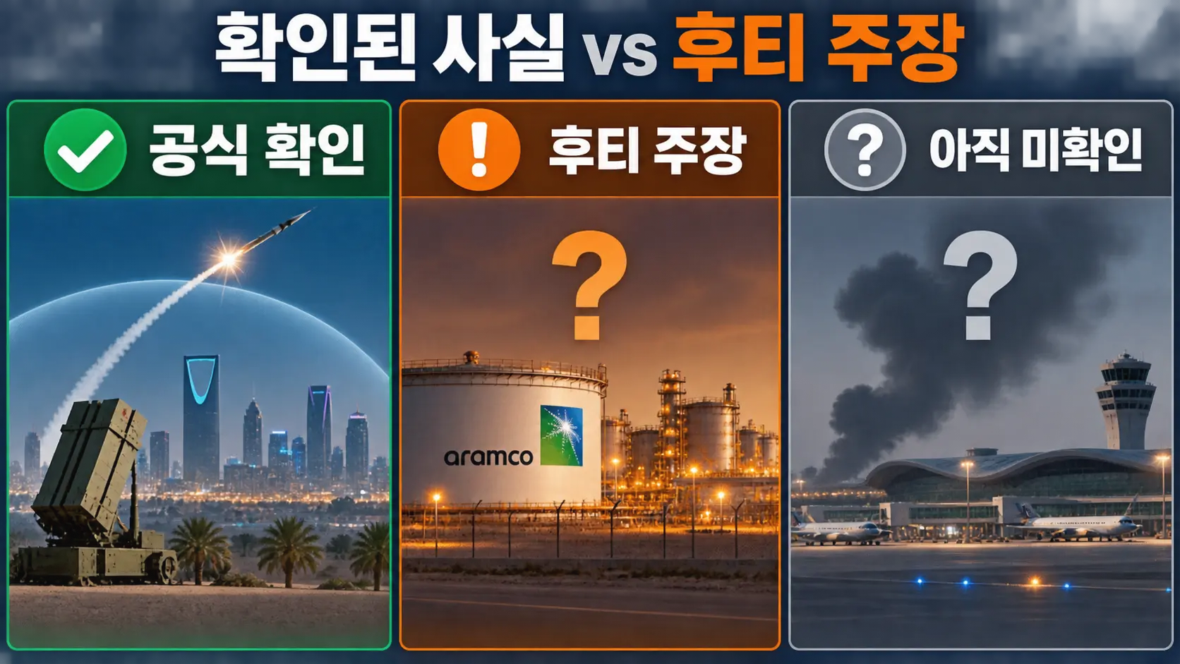 후티 리야드 공격에서 확인된 사실과 후티 주장을 구분한 인포그래픽
