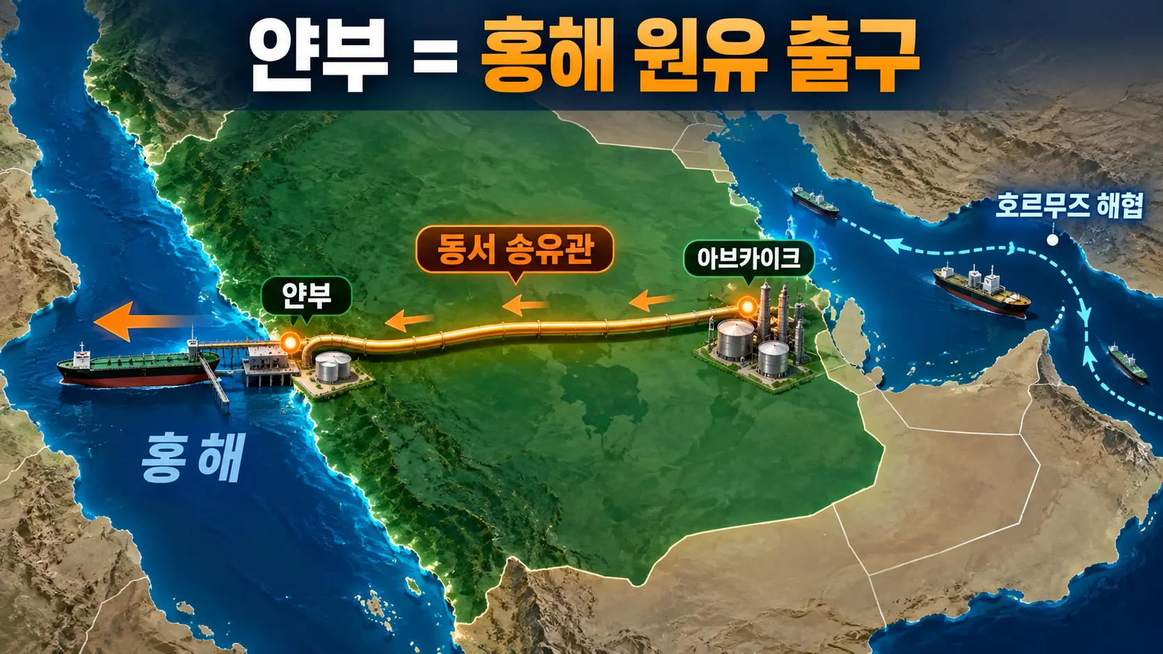 사우디 동부 유전지대에서 얀부로 이어지는 동서 송유관과 호르무즈 우회 구조를 보여주는 지도