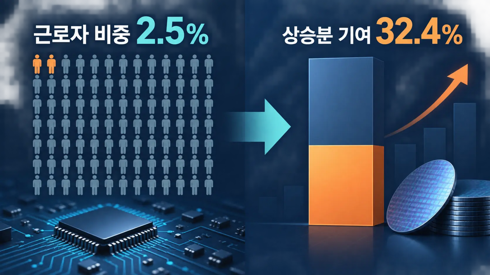 전자통신업 근로자 2.5%의 특별급여 증가가 전체 임금 상승분 32.4%를 차지한 구조를 설명한 그림