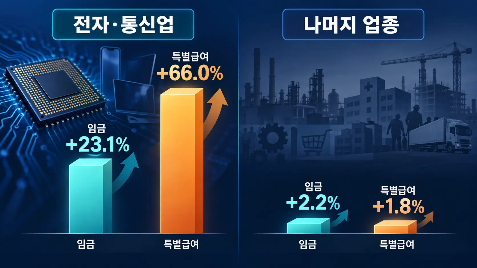 반도체가 포함된 전자통신업 임금과 성과급 증가를 보여주는 비교 인포그래픽