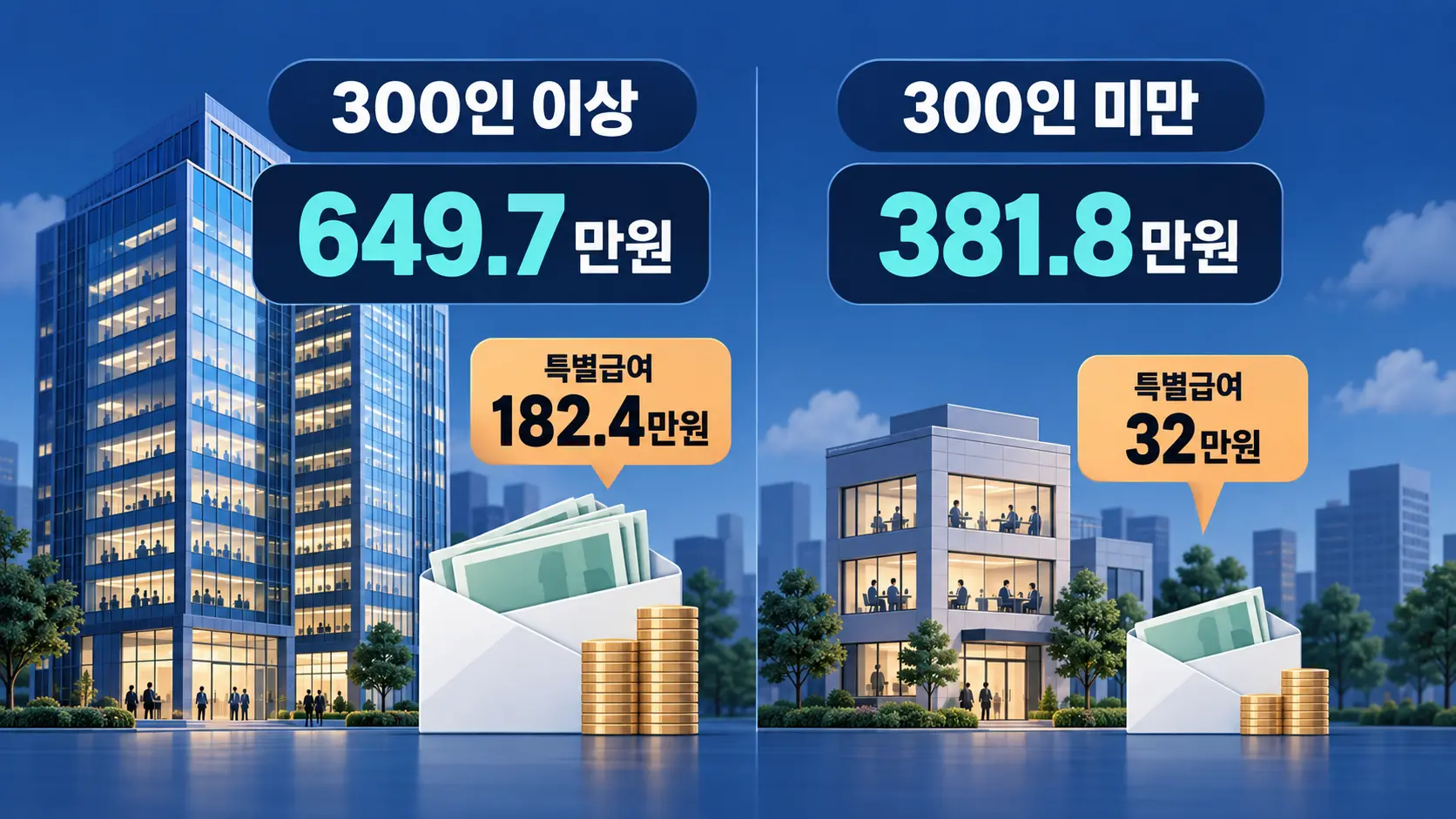 300인 이상과 300인 미만 사업체의 임금과 특별급여 차이를 비교한 그림