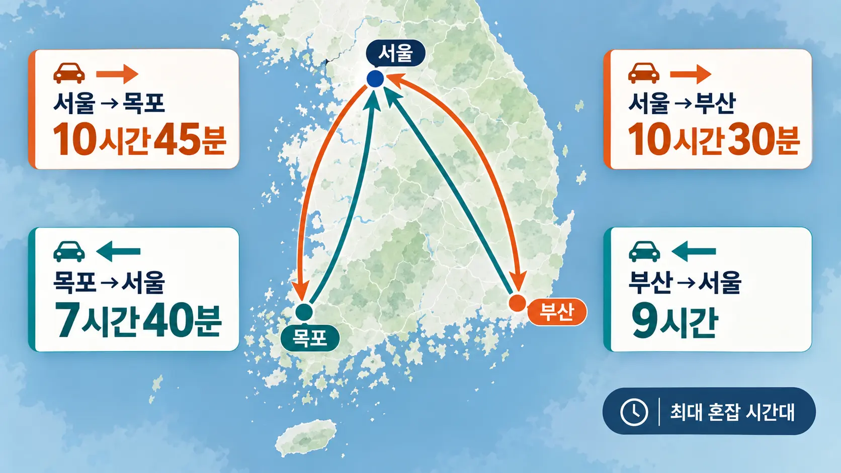 2026년 추석 주요 귀성 귀경 구간의 최대 예상 소요시간을 비교한 인포그래픽