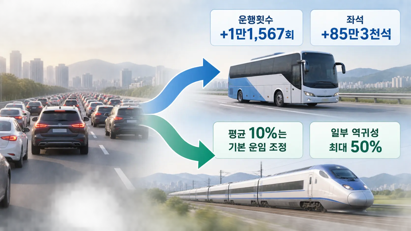 2026년 추석 버스와 철도 증편 및 KTX 할인 내용을 설명한 인포그래픽