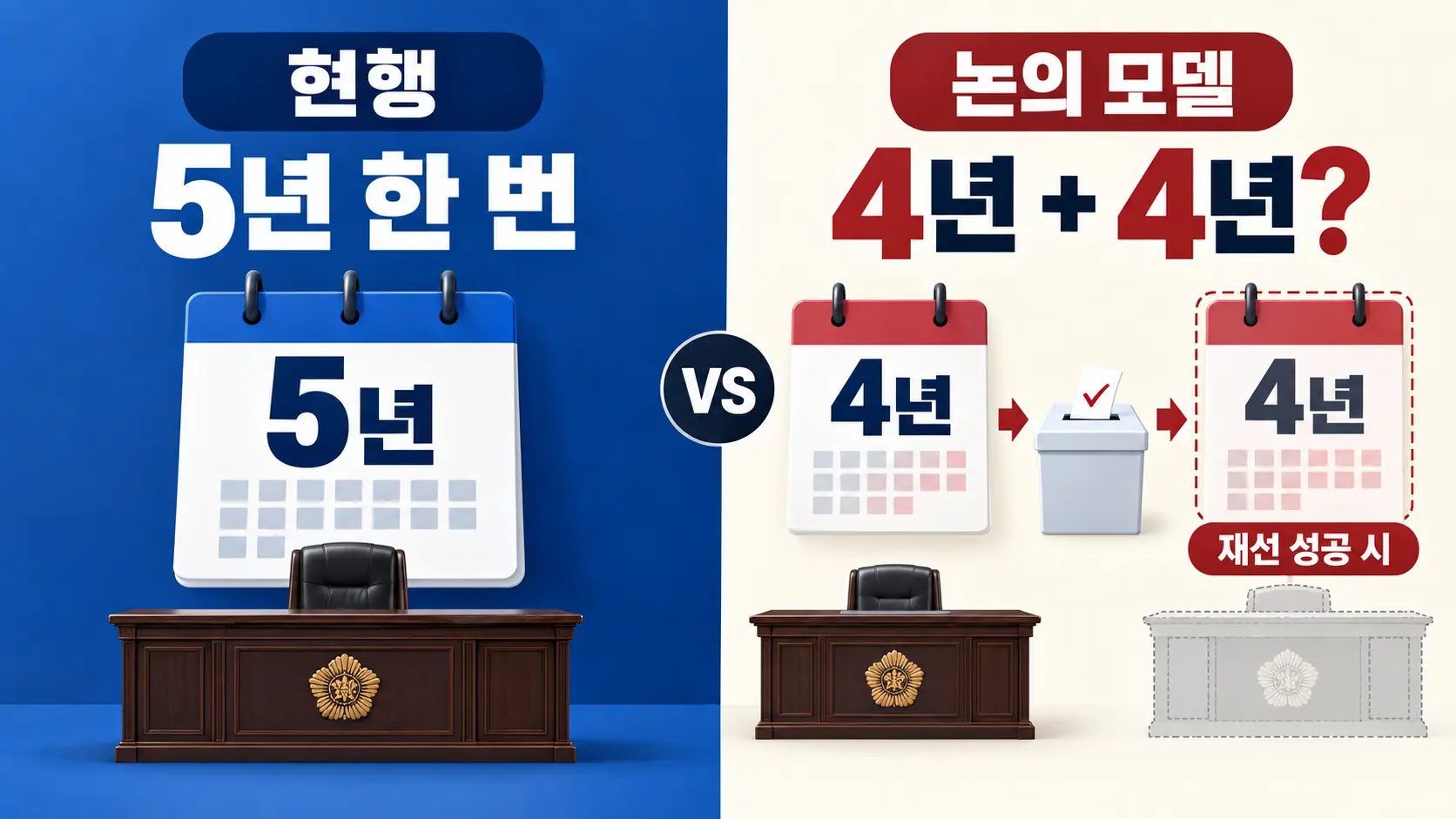 현행 대통령 5년 단임제와 대통령 4년 연임제의 차이를 비교한 인포그래픽