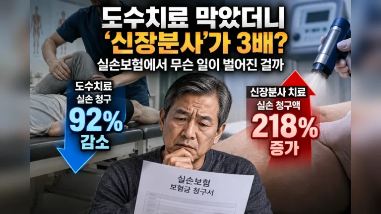 도수치료 실손보험 청구 감소와 신장분사 치료 청구액 급증을 대비해 보여주는 일러스트
