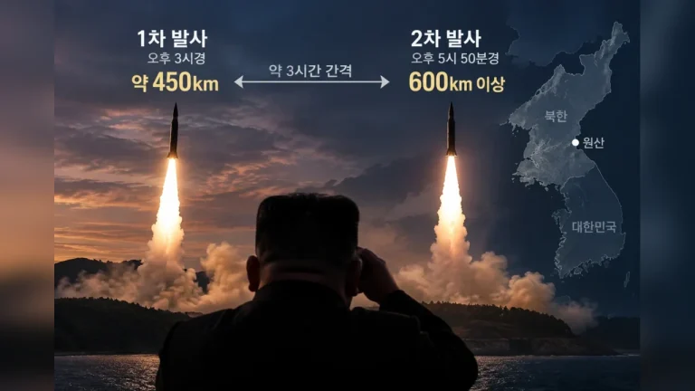 북한 원산에서 약 3시간 간격으로 발사된 두 단거리 탄도미사일의 비행거리 차이를 보여주는 일러스트