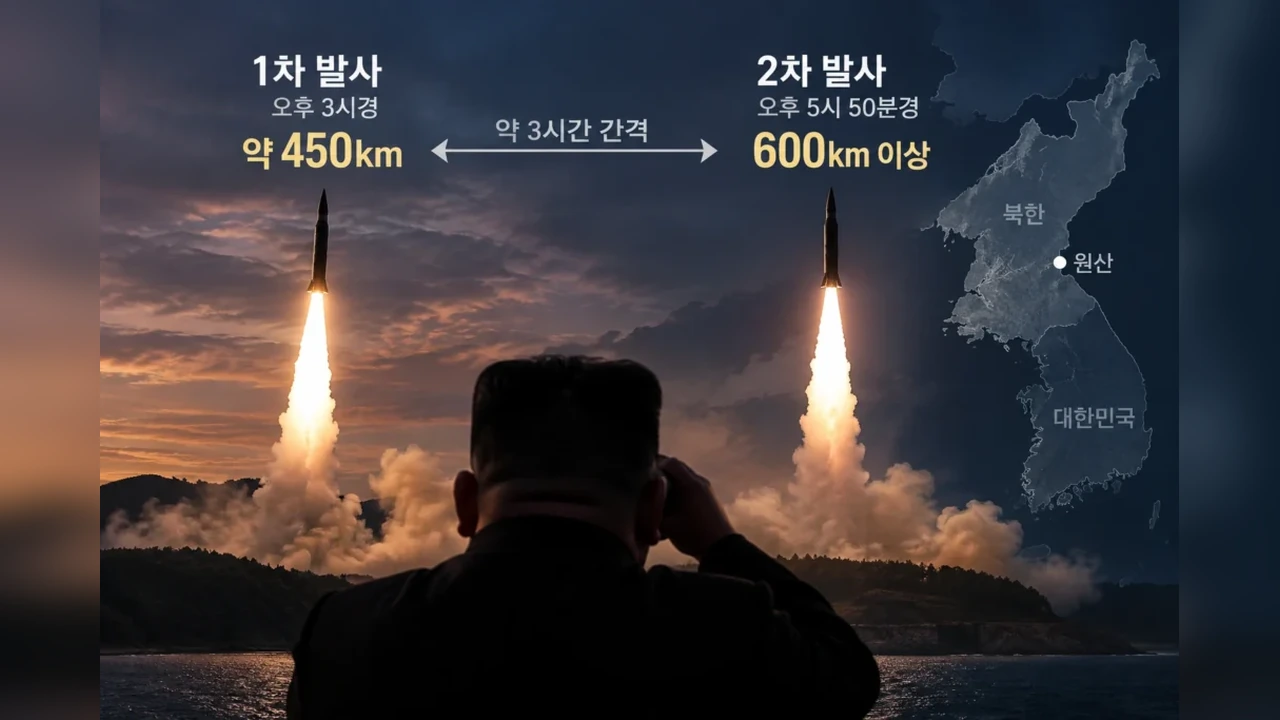 북한 원산에서 약 3시간 간격으로 발사된 두 단거리 탄도미사일의 비행거리 차이를 보여주는 일러스트