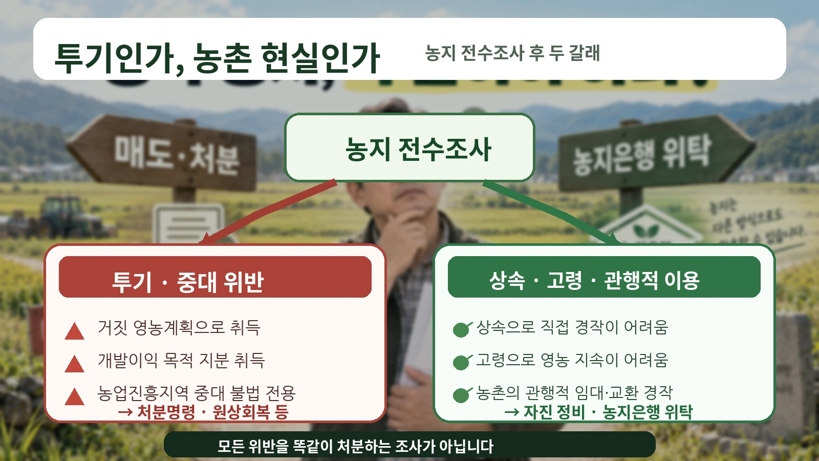 농지 전수조사에서 투기성 위반과 농촌의 관행적 위반을 구분하는 구조도
