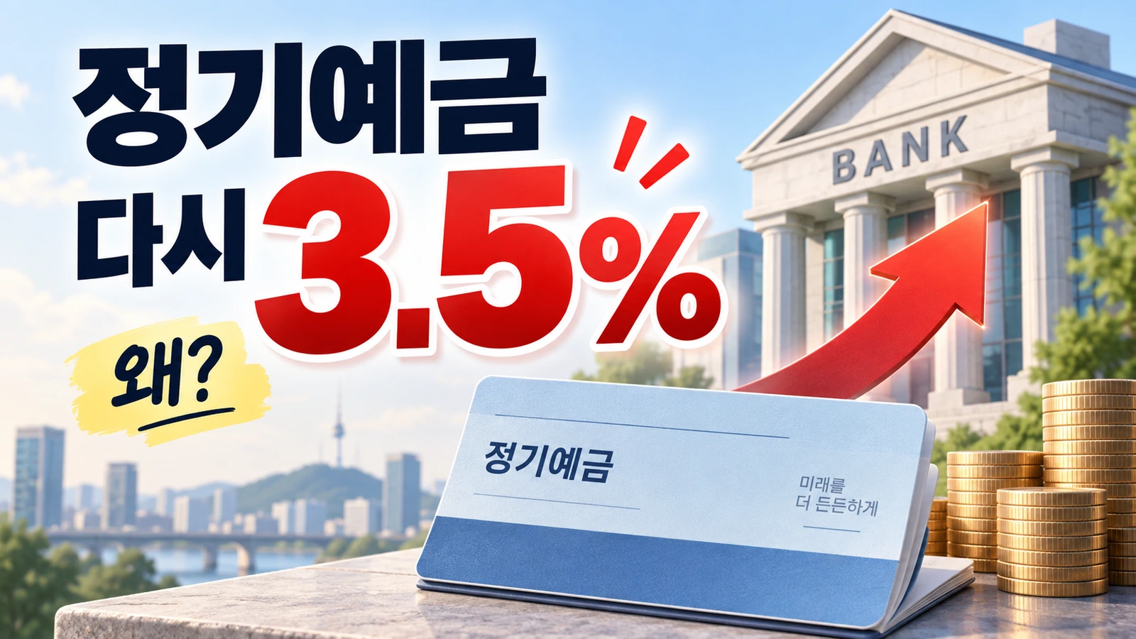 정기예금 금리가 연 3.5%까지 오른 이유를 보여주는 은행 금리 일러스트