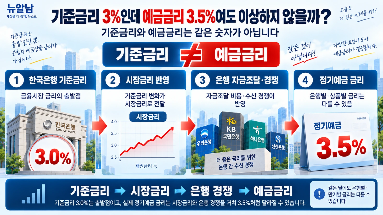 한국은행 기준금리와 은행 정기예금 금리가 서로 다르게 움직이는 구조를 설명한 그림