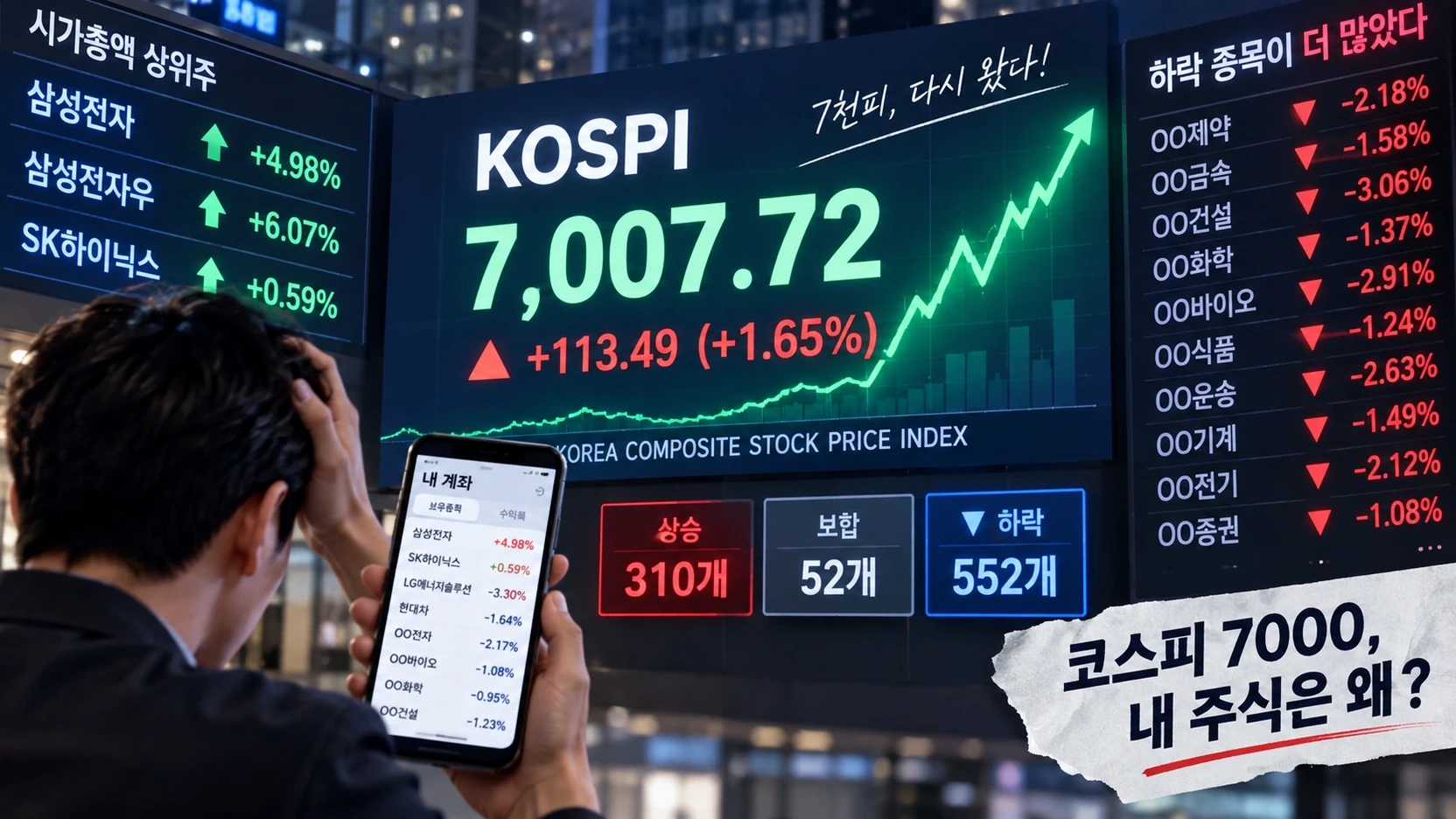 코스피 1.65% 상승과 상승 310개 하락 552개 종목을 비교한 인포그래픽