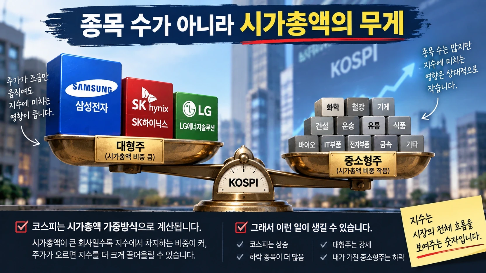 코스피의 시가총액 가중방식을 큰 회사와 작은 회사의 무게 차이로 설명한 그림