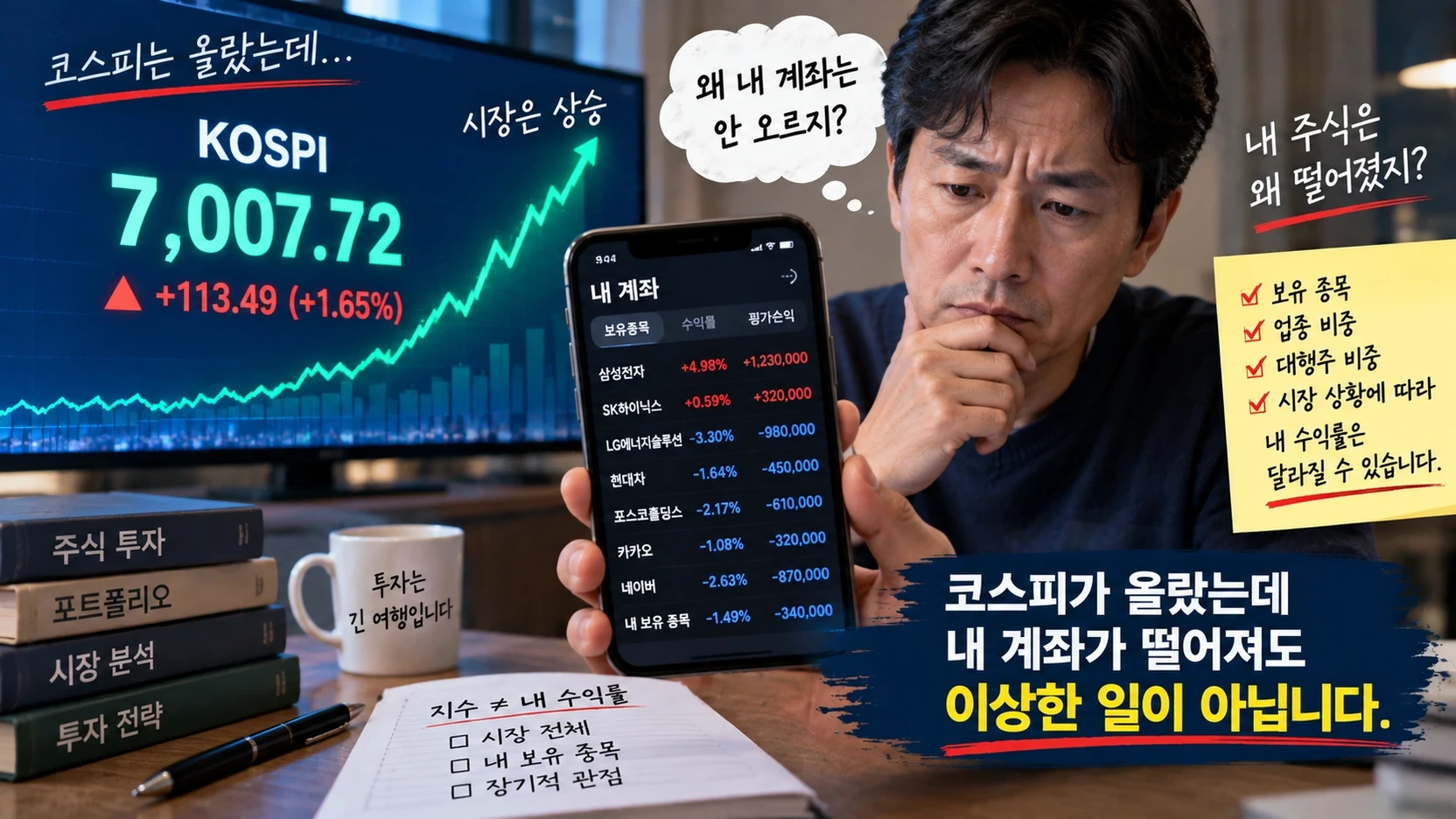 코스피 상승과 개인 보유 종목 수익률이 다를 수 있는 이유를 설명한 그림