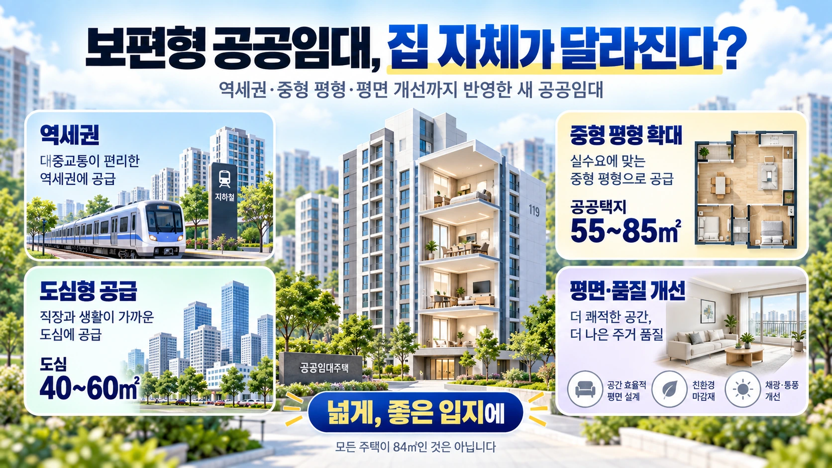보편형 공공임대의 입지·면적·평면·품질 개선 방향을 설명한 인포그래픽