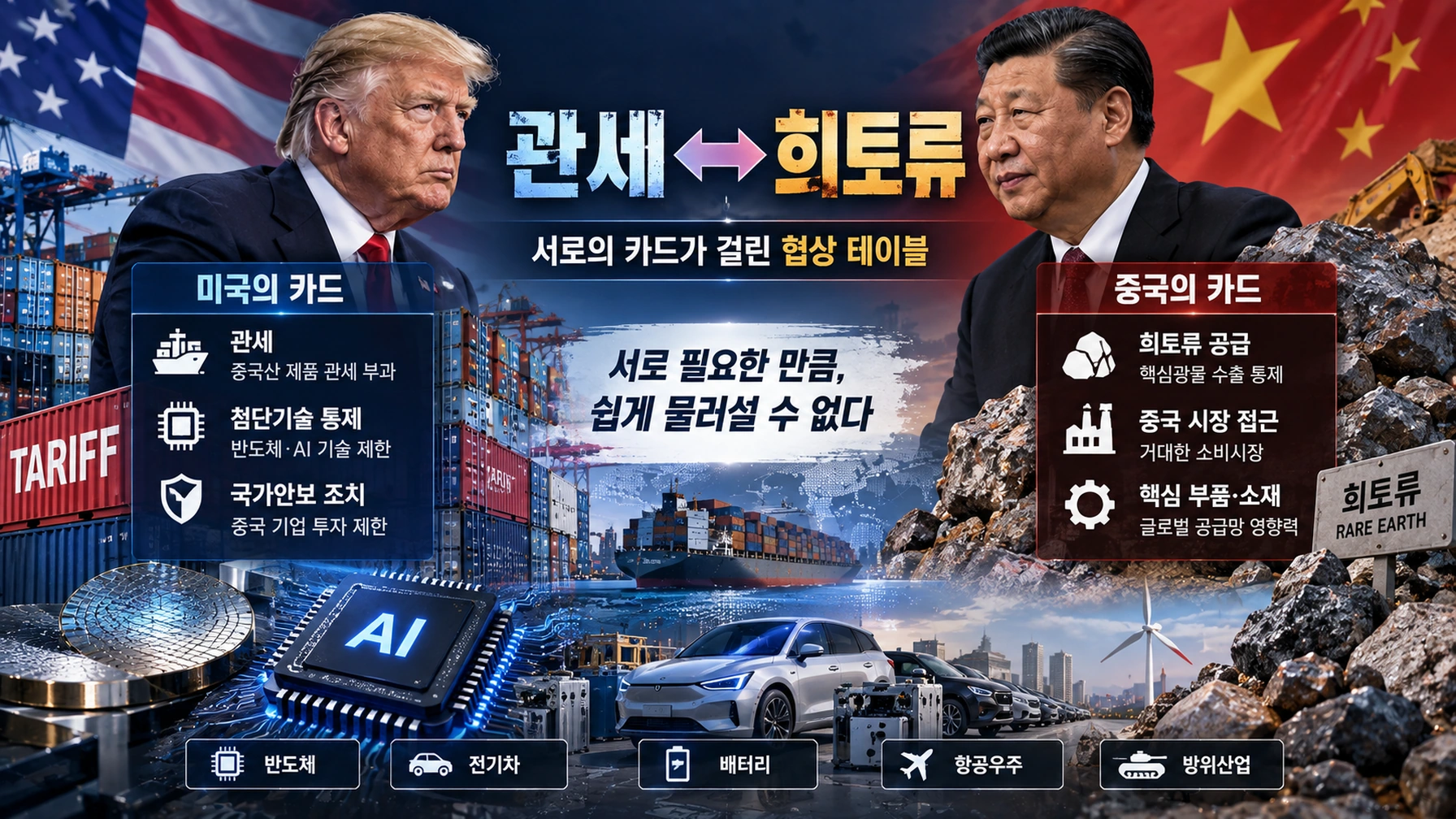 미국의 관세와 기술통제, 중국의 희토류 공급망이 서로 협상 카드가 되는 구조를 설명한 인포그래픽